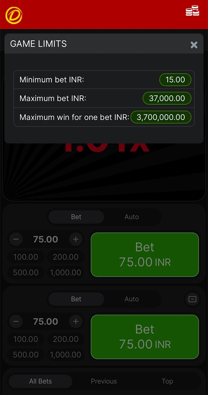 Available limits in the Aviator game from Dafabet Casino.