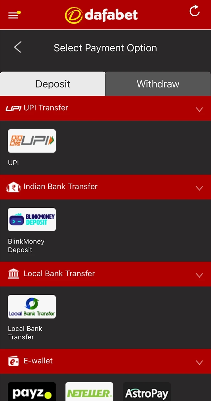 Choose your preferred recharge method to claim your bonus on the Dafabet website.