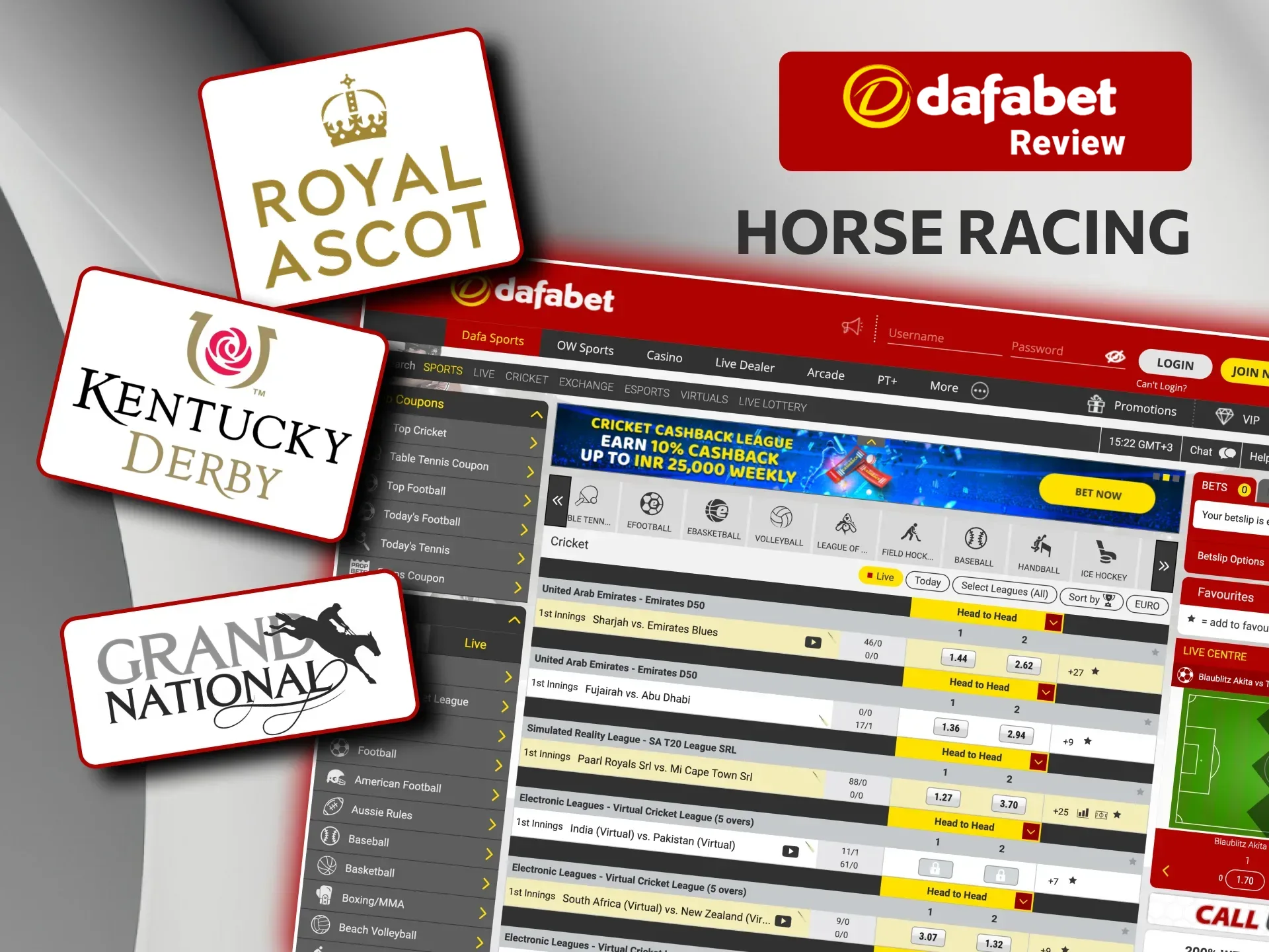Bet on Royal Ascot, Kentucky Derby, and more at Dafabet Casino with top odds.