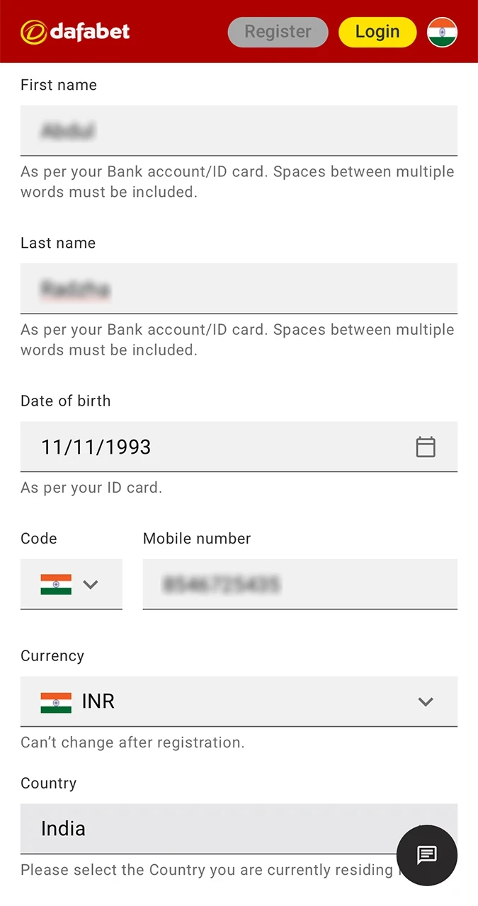 Choose Indian rupees when registering on the Dafabet website.