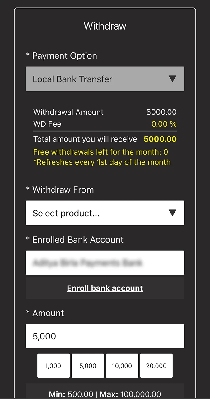 Start your withdrawal from Dafabet and wait for your account to be credited.