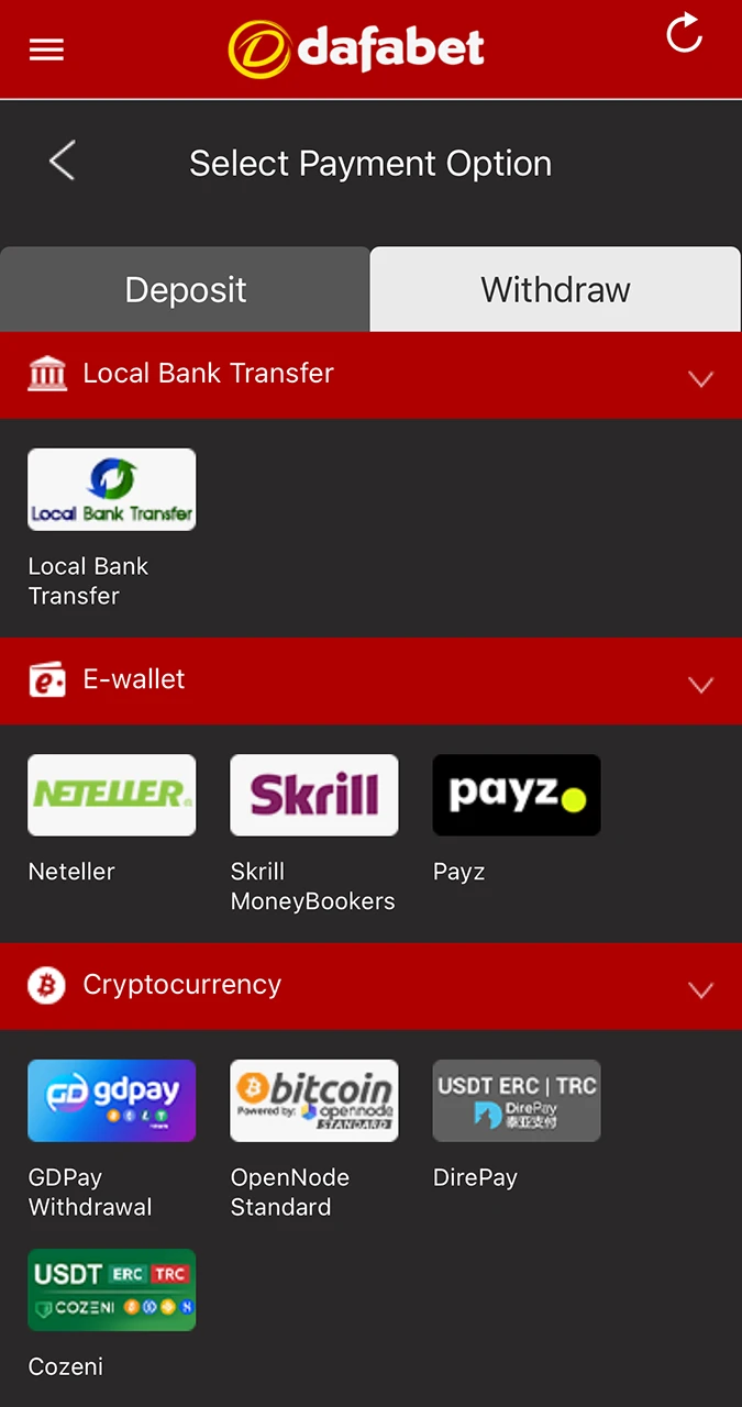 Choose a convenient method for withdrawing your winnings from the Dafabet website.