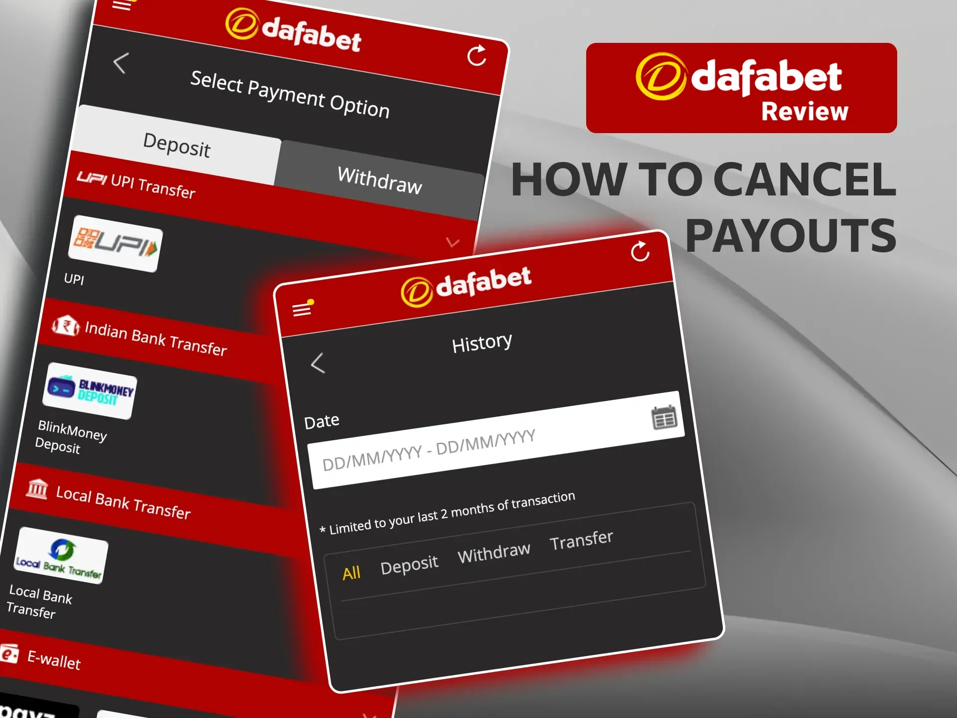 Cancel your Dafabet withdrawal within 60 seconds via the Transaction History page.