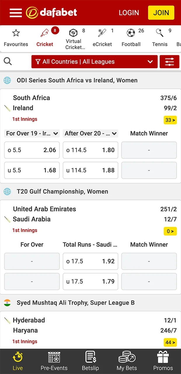 Cricket betting on the Dafabet app.
