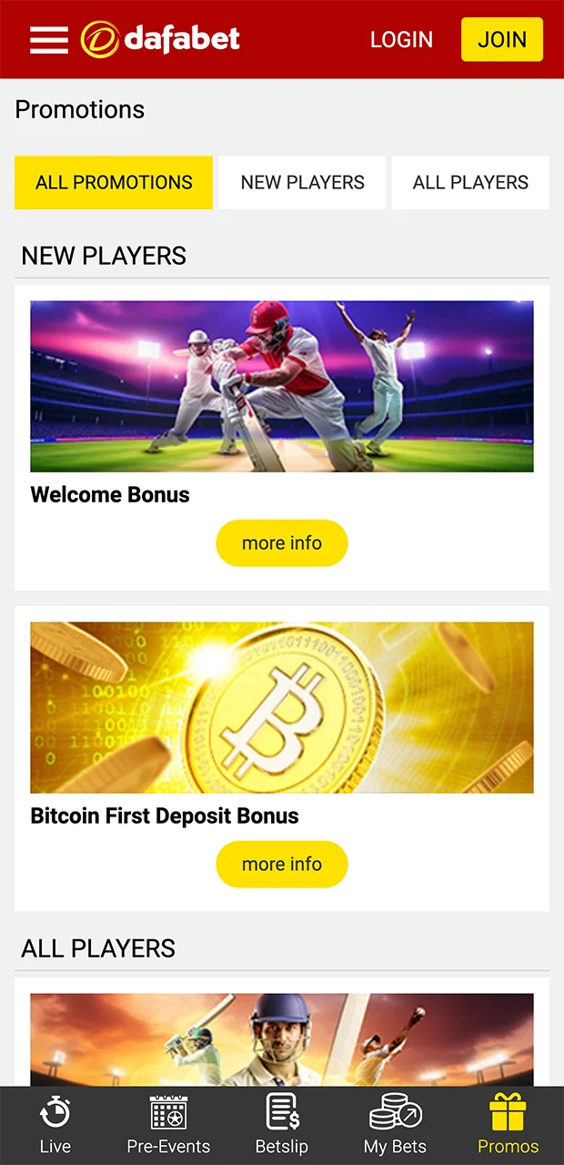 Promotions and bonuses from Dafabet, available in the app.